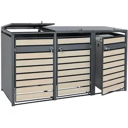 3er Mülltonnenverkleidung MCW-J81, Mülltonnenbox, erweiterbar, Metall 82kg, anthrazit ~ Buche-Holzoptik hellbraun