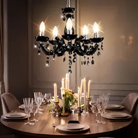 GLOBO Kronleuchter 5 Flammig schwarz Hängeleuchte Esstischlampe Esszimmer Hängelampe Kristalle, Kristallbehang, Chrom, 5x E14, DxH 44x128 cm