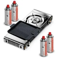 EVOCAMP Gaskocher 2-flammig mit Piezozündung - für Gaskartuschen MSF-1a 227g, (mit 4 Kartuschen und Grillplatte 38 cm, Campingkocher für Gas - Campinggaskocher - Camping Herd), 2,5 kW x 2 mit Grillaufsatz eckig 38 cm + 4 Kartuschen