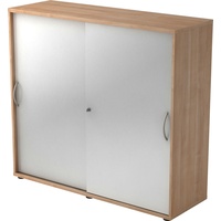 bümö Schiebetürenschrank "3OH" - Aktenschrank abschließbar, Sideboard Schrank mit Schiebetüren in Nussbaum/Silber - Büroschrank aus Holz mit