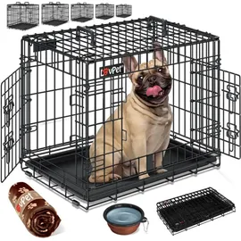 Lovpet Hundekäfig klappbar Hundetransportkäfig Inkl. Fleecedecke + Napf Hundebox mit 2 Türen Transportkäfig Auto Tiertransportbox Hundetransportbox Schwarz