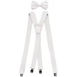 Fabio Farini Hosenträger Herren Hosenträger Pack 3cm X-Form mit passender Fliege Set Weiß 3cm Hosenträger - Weiß Unifarben Karo Struktur Fliege schwarz