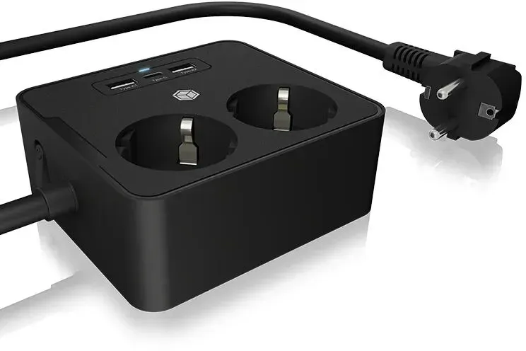 ICY BOX 2-fach Steckdosenleiste mit Ein-/Ausschalter, 2x USB-A, 1x USB-C, 1,9 m Kabel, schwarz