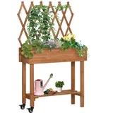 Outsunny Hochbeet mit Rankgitter Blumenkasten mit Ablage, aus massivem Holz für Terrasse und Garten in Braun (845-899V00BN)