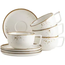 Tasse MÄSER "Kaffeetassen-Set Pinta, aus Porzellan", braun (weiß, braun), B:11,5cm H:5cm Ø:9cm, Porzellan, Trinkgefäße, Kaffeetasse, 8er Set, bestehend aus 4 Tassen und 4 Untertassen