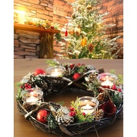 KAMACA XL Weihnachtskranz Dekokranz aus massiven Holzzweigen mit Deko wie Tannenzweigen und 4 Glas Kerzenhaltern Advent Weihnachten Deko Tisch (XL Adventskranz rot 34 x 34 x 8 cm)