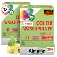 AlmaWin® Color Waschpulver [2x 2kg - 84 Ladungen] mit Lindenblüten-Duft für strahlende Reinheit – Öko Waschmittel Pulver Color anwendbar für 30-60°C – Veganes Bunt-Waschpulver