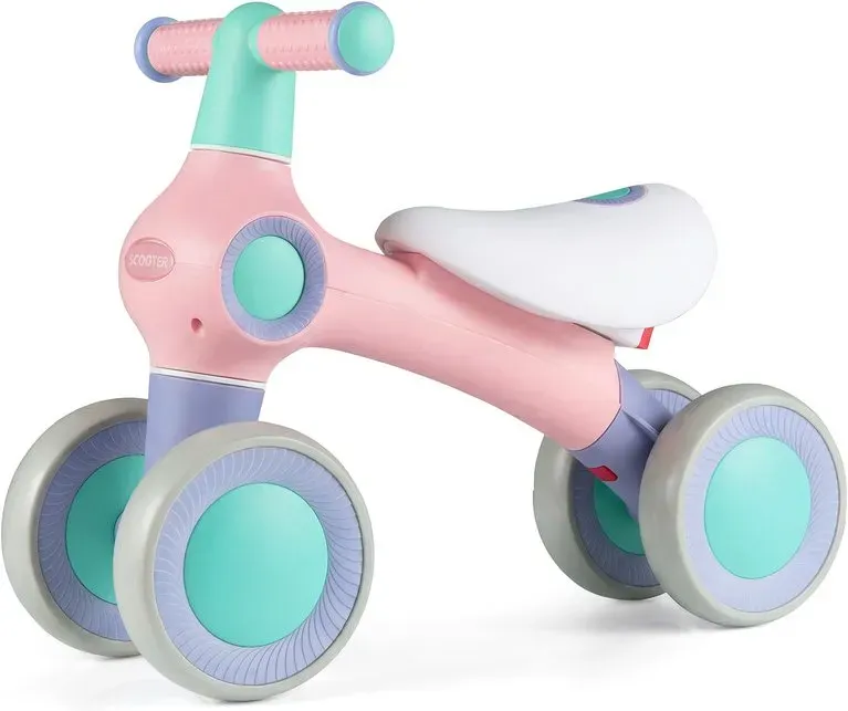 Kinder-Balance-Bike, verstellbarer weicher Sitz, 4 leise Räder, ohne Pedale, Pink