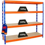 Proregal Schwerlastregal Rhino HxBxT 180x200x60cm Fachlast 500kg 4X Spanplatten-Ebenen 8mm Garagenregal, Lagerregal,