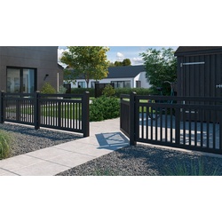 Holz Designzaun Linea: Vorgartenzaun mit einem Gartenzaun Element und drei Zauntore in Schwarz