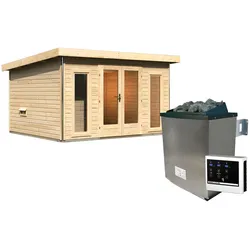 Saunahaus KARIBU "Maiko 2B", beige (naturbelassen), Saunaofen, externe Steuerung, 9 kW, Saunen, Ofen 9 kW ext. Strg.