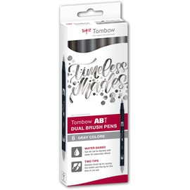 Tombow ABT Dual Brush Pen, Grey Colors, Stift mit zwei Spitzen, perfekt fürs Hand-Lettering und Bullet Journal, wasservermalbar, ABT-6C-6 6er Set