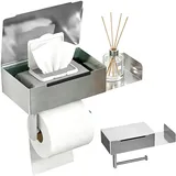 Toilettenpapierhalter mit Feuchttücherbox, Klopapierhalter ohne Bohren Klorollenhalter mit Ablage, Rollenhalter Selbstklebend Oder Bohren, für Toilette Badezimmer Küche, Edelstahl