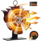 Kaminventilator, Ofenventilator Ohne Strom mit 6 Flügel, Kaminofen Ventilator für Holzofen, Leiser Betrieb Kaminlüfter Warmluftverteile Mit Temperaturanzeige Effiziente Wärmeverteilung für Holzbrenner