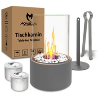 Monster24 Tischfeuer Bio-Ethanol Tischkamin für Indoor & Outdoor, Echtfeuer-Dekokamin (Höhe 26 cm / Durchmesser 16 cm) grau