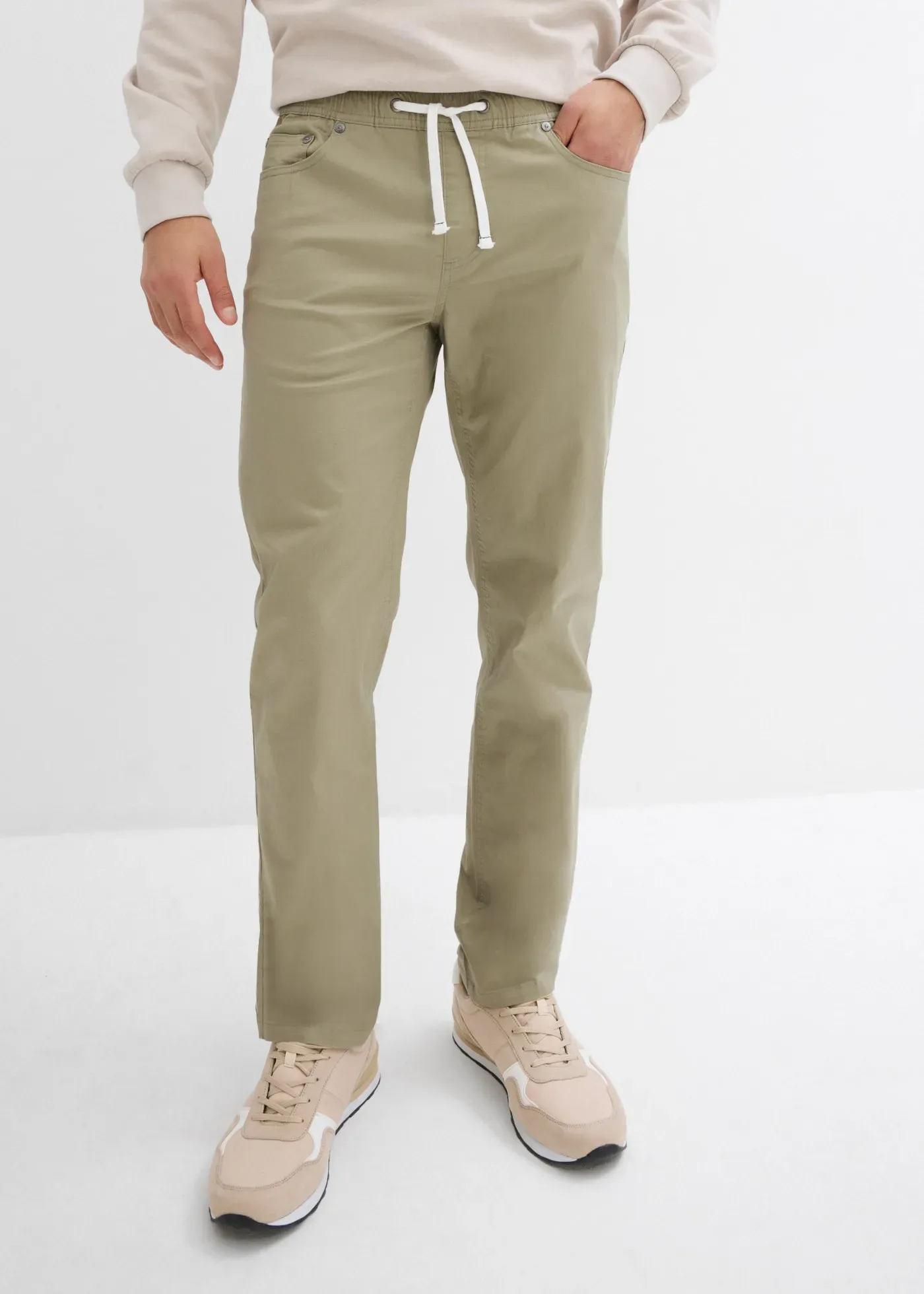 Schlupfhose BONPRIX, Herren, Gr. 50, N-Gr, beige (new khaki), Obermaterial: 98% Baumwolle, 2% Elasthan, regular fit, Hosen Schlupfhose, mit elastischem Bund, Regular Fit, aus Baumwolle und Elasthan