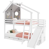 Merax Etagenbett 90x200cm mit abnehmbaren Vorhängen (Doppelbett Hausbett Hochbett mit Rutschen und Leitern), Kinderbett mit 2 Schubladen und Aufbewahrungsschrank, Massivholz weiß