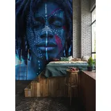 Living Walls Vliestapete Tribal-Portrait-Tapete Blau Rot Ethno, glatt, matt, (1 St) blau