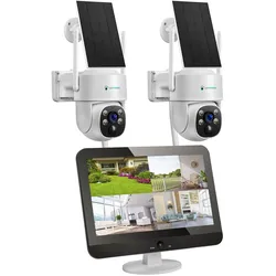 LUVISION Dual WLAN PTZ Überwachungssystem mit LED Monitor 4MP Solar PTZ Überwachungskamera Mikrofon, Sirene, Smarte Nachtsicht 4 Kameras