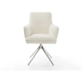 DeLife Drehstuhl Heira-Flex mit Armlehnen Bouclé Weiß Kreuzgestell breit Edelstahl 360° drehbar Wippfunktion Taschenfederkern, Esszimmerstühle