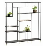 Casa Padrino Luxus Metall Regalschrank mit Emperador Marmorplatte Schwarz / Grau / Messingfarben 180 x 30 x H. 200 cm - Wohnzimmerschrank - Bücherschrank - Metall Möbel