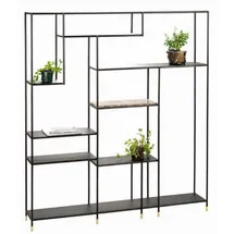 Casa Padrino Luxus Metall Regalschrank mit Emperador Marmorplatte Schwarz / Grau / Messingfarben 180 x 30 x H. 200 cm - Wohnzimmerschrank - Bücherschrank - Metall Möbel