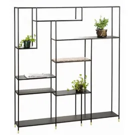 Casa Padrino Luxus Metall Regalschrank mit Emperador Marmorplatte Schwarz / Grau / Messingfarben 180 x 30 x H. 200 cm - Wohnzimmerschrank - Bücherschrank - Metall Möbel