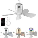 QUBEBU Deckenventilator 10800 mAh Akku Deckenventilator mit Beleuchtung Camping Zelt Terrasse, Ventilator mit Licht, Fernbedienung, Haken, 4 Geschwindigkeitsstufen weiß