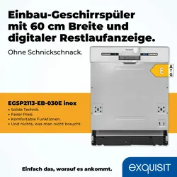 Exquisit Geschirrspüler EGSP2113-EB-030E inox | Spülmaschine 60 cm | ECO-Modus | Maßgedecke: 13 | Startzeitvorwahl | Einbaugerät