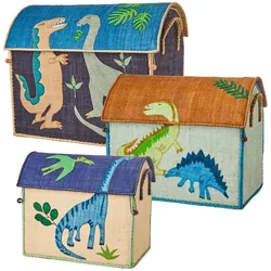 RICE Spielzeug Korb 3er-Set aus Bast mit Dinosauriern, Set: L52 x B34 x H42 cm, mehrfarbig