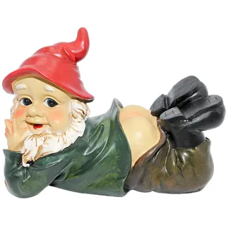 Dekohelden24 Gartenzwerg liegend, rote Zipfelmütze, aus Poly, niedliche Deko für Garten, Terrasse oder Balkon, Größe L/B/H ca. 11 x 24 x 17 cm