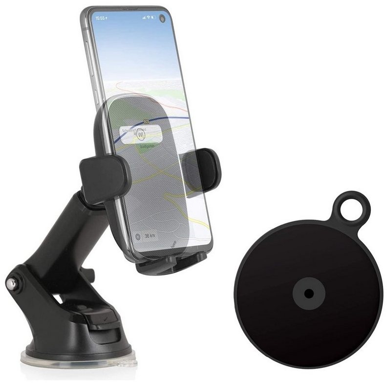 Wicked Chili KFZ Handyhalterung mit Saugnapf + Adapter Armaturenbrett Universal Smartphone-Halterung, (1er Set, 2-tlg., Auto Handyhalterung mit Teleskoparm von ca. 80 auf 126 mm erweiterbar) schwarz