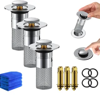 Waterjake Pop Up Ablaufventil, Abflussventil Waschbecken, abflussstopfen mit sieb, WaschbeckenstöPsel, für Abflusslöcher von Waschbecken und Badewannen (3PCS)
