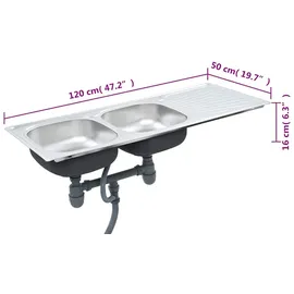 vidaXL Küchenspüle Doppelbecken mit Sieb & Siphon Edelstahl