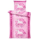 Kinderbettwäsche 135x200 cm Einhorn Unicorn Pferde rosa pink Blumen Microfaser