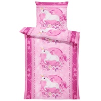 Kinderbettwäsche 135x200 cm Einhorn Unicorn Pferde rosa pink Blumen Microfaser