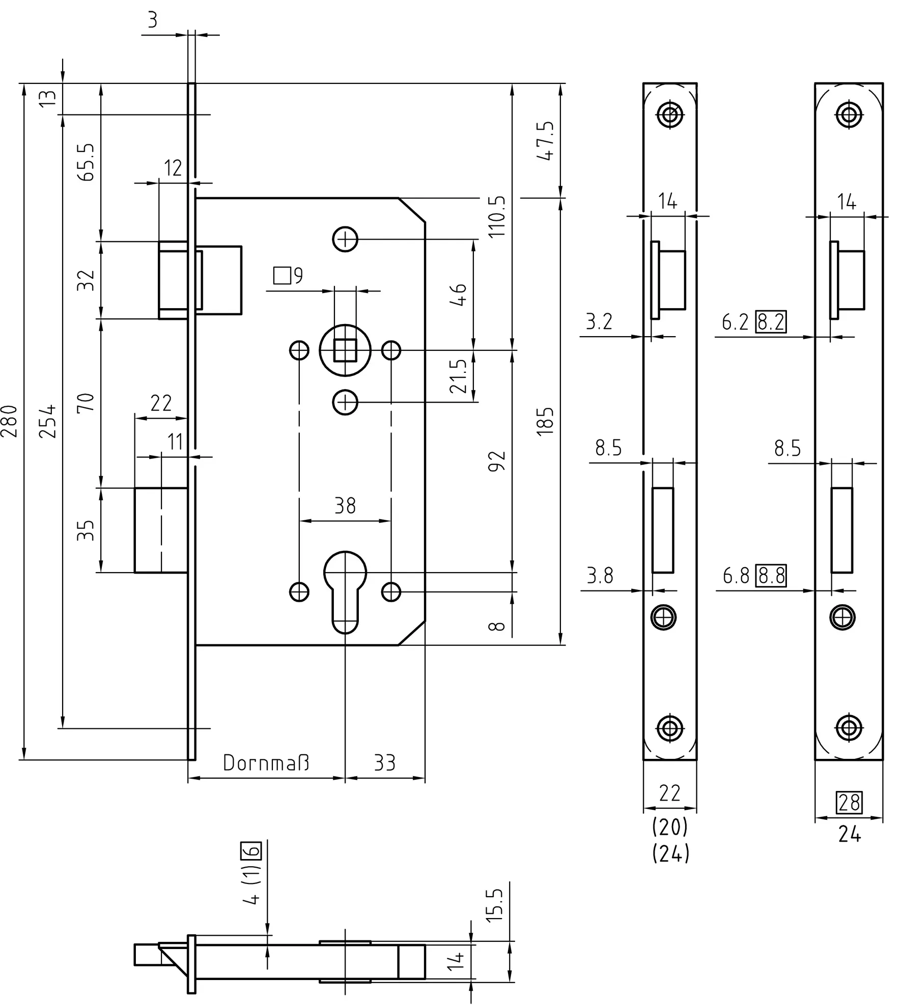 BMH Panik Einsteckschloss Typ 3413 PZW mit Wechselfunktion E, Stulp: 280 mm, 9/92 mm, DIN-Richtung: DIN Rechts, Oberfläche: Stahl silber lackiert
