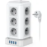NVEESHOX 12 Fach Mehrfachsteckdose(4000W/16A) mit 4 USB,Steckdosenleiste mit Schalter,Mehrfachstecker Steckerleiste Überspannungsschutz, Steckdosenturm für Zuhause Büro,2M Verteilersteckdose