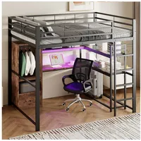 STILVORA Hochbett 140x200 mit Schreibtisch,Jugendbett Regale,Eisenbett mit Treppe&LED (mit Schreibtisch, LED-Beleuchtung und Stauraum, Metallrahmen, 140 x 200 cm, Mit Regalen und Geländern) ohne Matratze schwarz