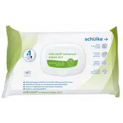 Schülke mikrozid® universal wipes 2in1 Desinfektionstücher, Plastikfreie Vliestücher zum Reinigen und Desinfizieren von Oberflächen, 1 Softpack = 57 Tücher, Maße: 20 x 18 cm