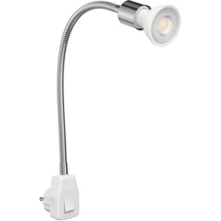 ledscom.de Steckdosenlampe LESCH Leselampe Schwanenhals, Schalter, Chrom inkl. GU10 LED Reflektorlampe 5,558W 535lm 30° weiß