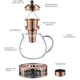 Glastal 1500ml Bronze Teekanne mit Stövchen Glas Edelstahl Teewärmer