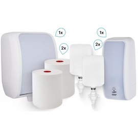 Blanc HYGIENIC Waschraum: Handtuchrollenspender AUTOCUT + 2 TAD Handtuchrollen + Schaumseifenspender SENSOR + 2 Kartuschen Farbe Weiß