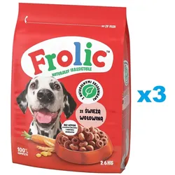 FROLIC Naturally Irresistible 3x2,6 kg: Halbfeuchte Vollnahrung für ausgewachsene Hunde mit frischem Rindfleisch