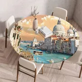 FANSU Tischdecke Outdoor Wetterfest Rund mit Gummizug, Rund Tischdecke mit 3D Muster Waschbar und Abwischbar für Esstisch, Couchtisch, Gartentisch Geeignet (Wasserstadt,70cm)