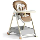 Nine point nine PU-Leder Hochstuhl Baby, Umbaubarer Klappbarer Hochstuhl Baby mit Liegefunktion, Kinderhochstuhl 6 Höhen 3 Liegepositionen, Baby Essen Stuhl Abnehmbaren Doppeltabletts Rädern (Khaki)