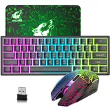 2.4GHz Tastatur Maus Gaming Set Kabellos Beleuchtet, 61 Tasten Regenbogen 3800mAh Wederaufladbare Mechanische Feel Tastatur, 2400 DPI Regenbogenlicht-LED 6 Tasten Maus, Kompatibel PC-Schwarz