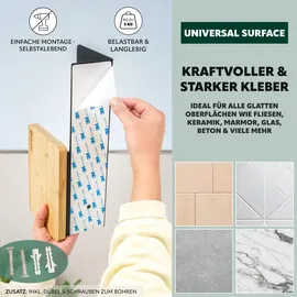 ELUNO Toilettenpapierhalter VARAZ mit 2 Ablagen, Selbstklebender Toilettenpapierrollenhalter, WC-Rollenhalter mit Klebeband zum Kleben oder zum Bohren, aus schwarzem Metall und Bambus