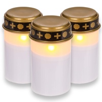 LED Grablichter für den Außenbereich - Batteriebetrieben, realistischer Flackereffekt, 6 Monate Leuchtdauer - Grablicht Grabkerze Grablampe (3 Stück Set, weiß)