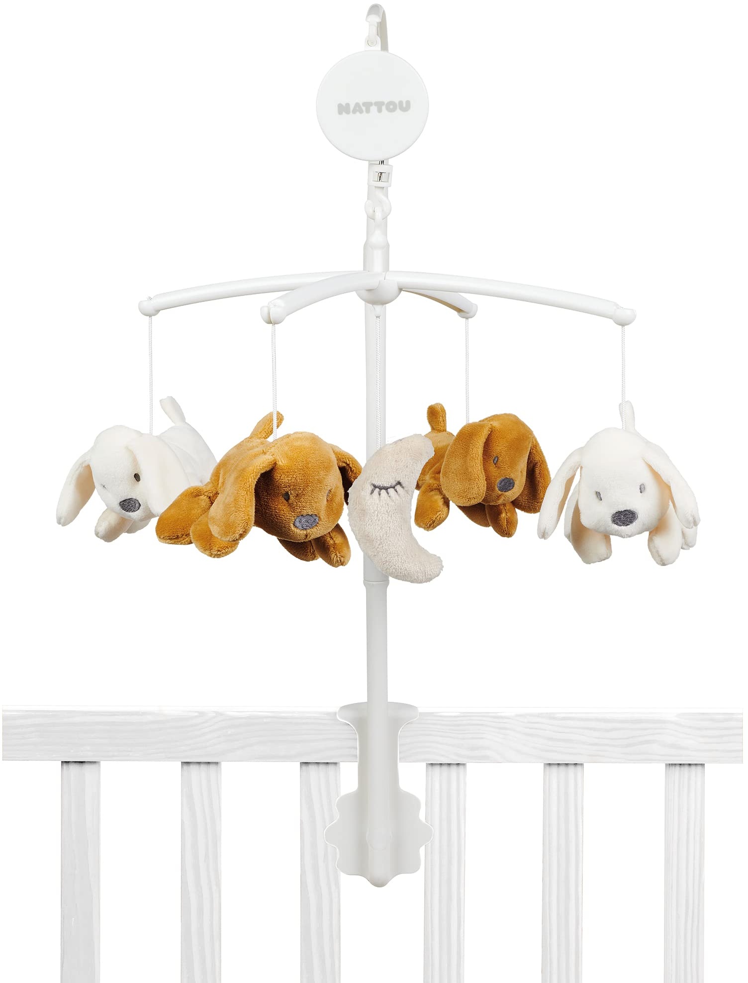 Nattou Mobile mit Spieluhr, Hund Charlie, Sanftes Wiegelied "Le-La-Lu", 65 x 31 cm, Vegan, Baumwolle/Polyester, Weiß & Braun